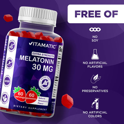 Vitamatic Sugar Free Melatonin 30mg per Gummy - 60 Servings - 60 Vegetarian Gummies - Non-Habit Forming Supplement (60 Count (Pack of 1)) - Maple Wellness Supplements