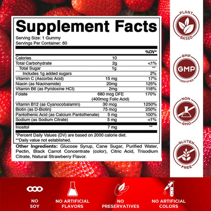 Vitamatic Vitamin B Complex Gummies with Vitamin C & Inositol - Natural Strawberry Flavor - 60 Gummies (1 Bottle) - Maple Wellness Supplements