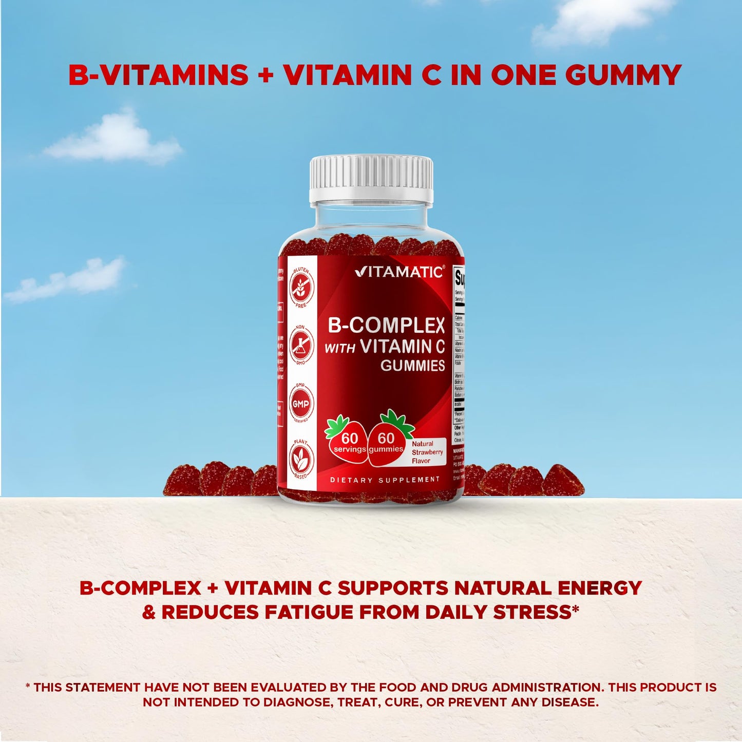 Vitamatic Vitamin B Complex Gummies with Vitamin C & Inositol - Natural Strawberry Flavor - 60 Gummies (1 Bottle) - Maple Wellness Supplements