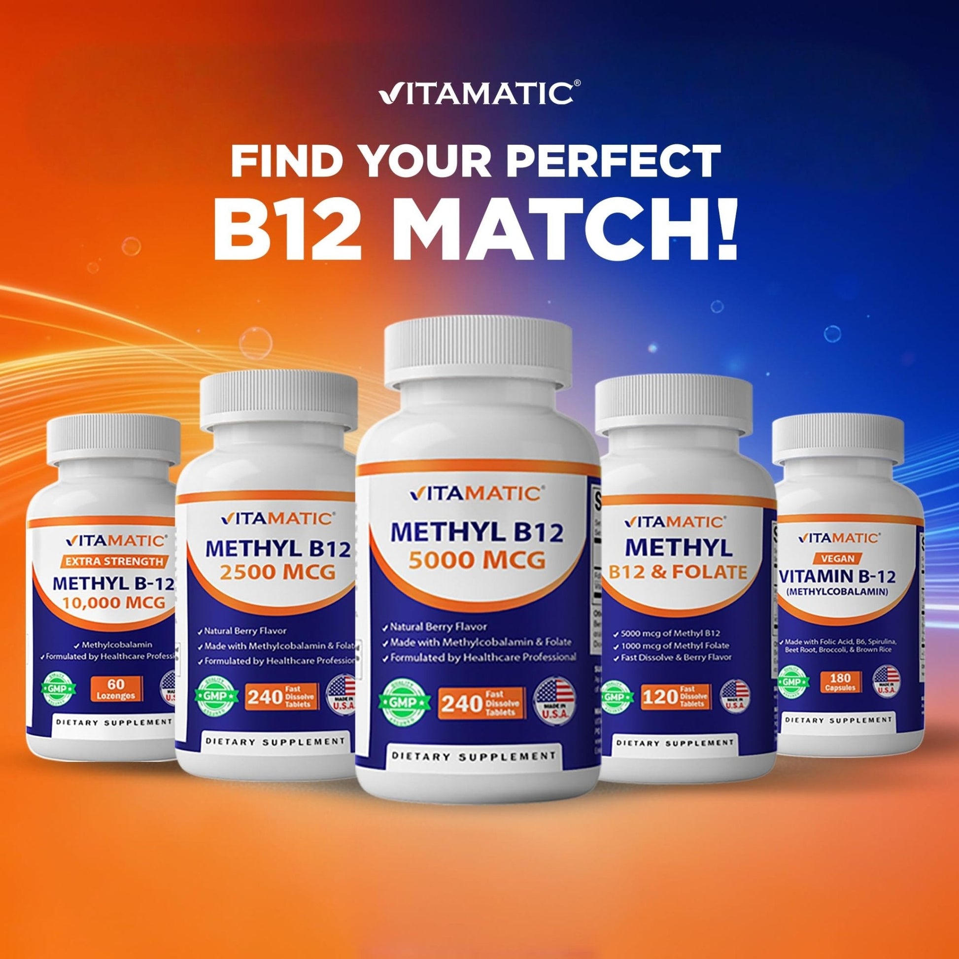 Vitamatic Vitamin B12 5000 mcg – 365 Fast Dissolve Tablets Berry Flavor – Supports Energy Production & Nervous System Health - Maple Wellness Supplements