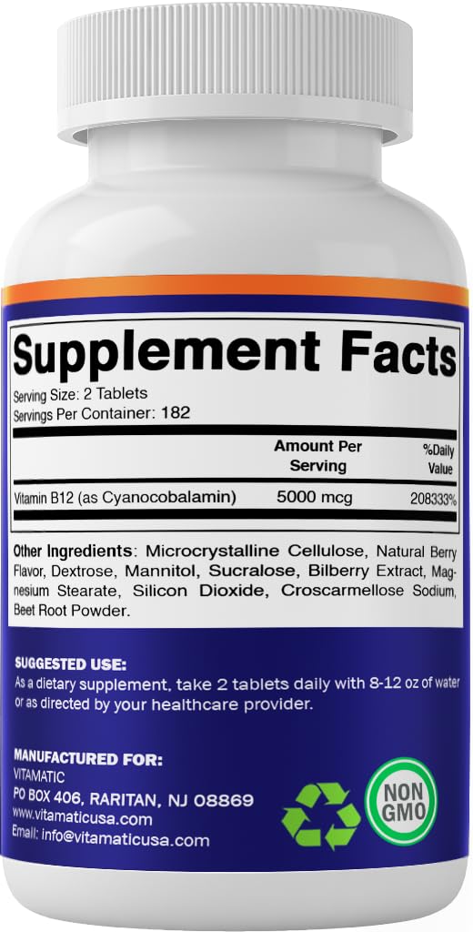Vitamatic Vitamin B12 5000 mcg – 365 Fast Dissolve Tablets Berry Flavor – Supports Energy Production & Nervous System Health - Maple Wellness Supplements