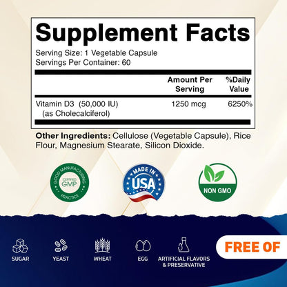 Vitamatic Vitamin D3 50,000 IU (as Cholecalciferol), Once Weekly Dose, 1250 mcg, 60 Veggie Capsules 1 Year Supply, Progressive Formula Helping - Maple Wellness Supplements