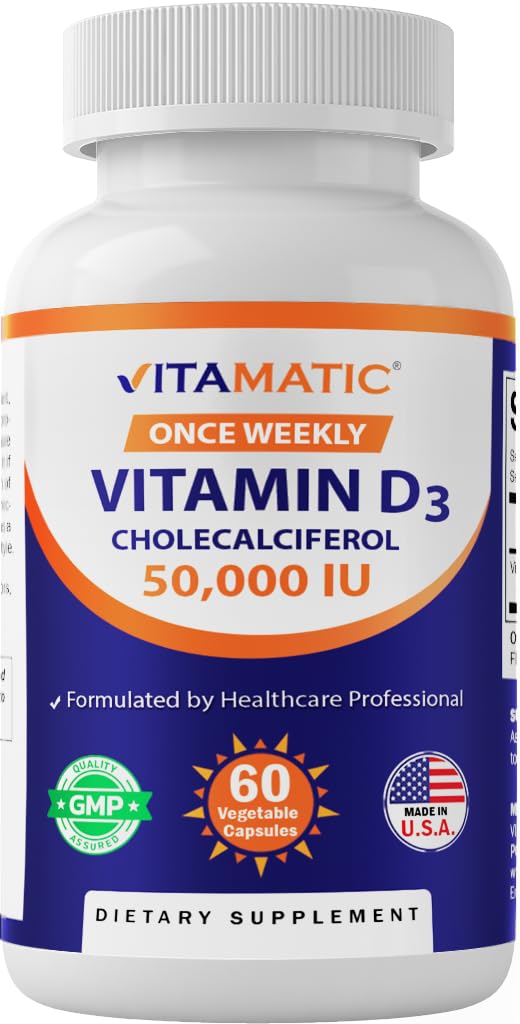 Vitamatic Vitamin D3 50,000 IU (as Cholecalciferol), Once Weekly Dose, 1250 mcg, 60 Veggie Capsules 1 Year Supply, Progressive Formula Helping - Maple Wellness Supplements