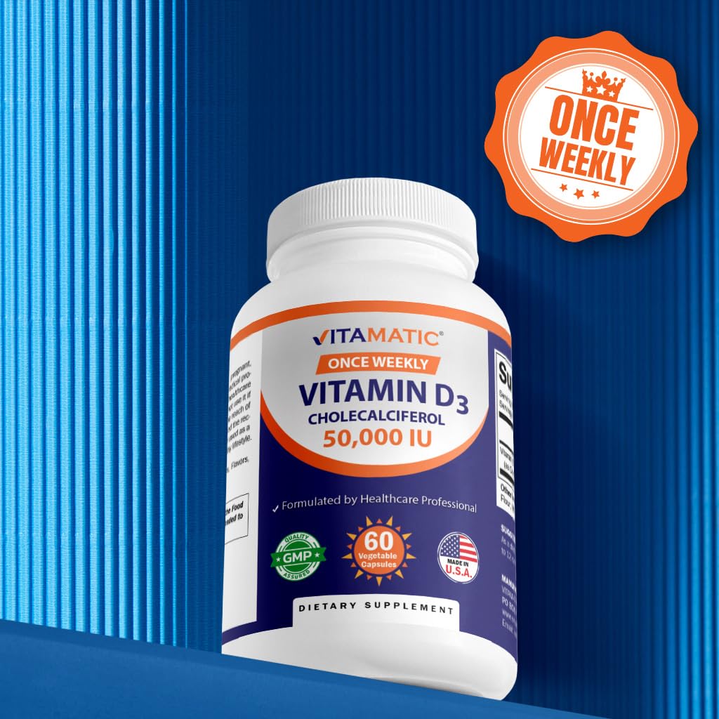 Vitamatic Vitamin D3 50,000 IU (as Cholecalciferol), Once Weekly Dose, 1250 mcg, 60 Veggie Capsules 1 Year Supply, Progressive Formula Helping - Maple Wellness Supplements