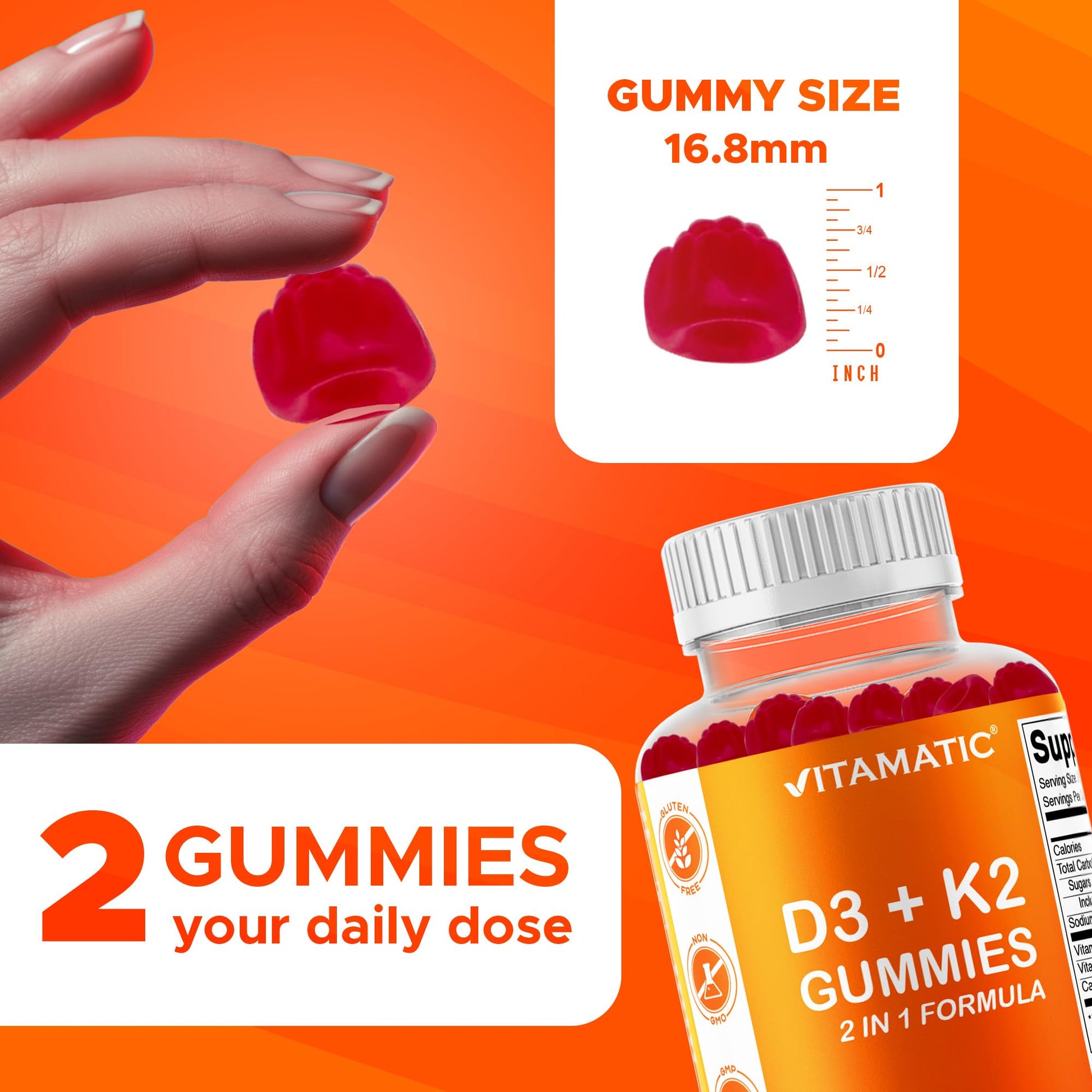 Vitamatic Vitamin D3 & K2 Gummies (2-Pack, 60 Count) Supports Healthy Bones, Heart Health, Calcium Absorption, - Maple Wellness Supplements