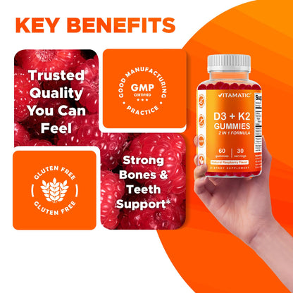 Vitamatic Vitamin D3 & K2 Gummies (2-Pack, 60 Count) Supports Healthy Bones, Heart Health, Calcium Absorption, - Maple Wellness Supplements
