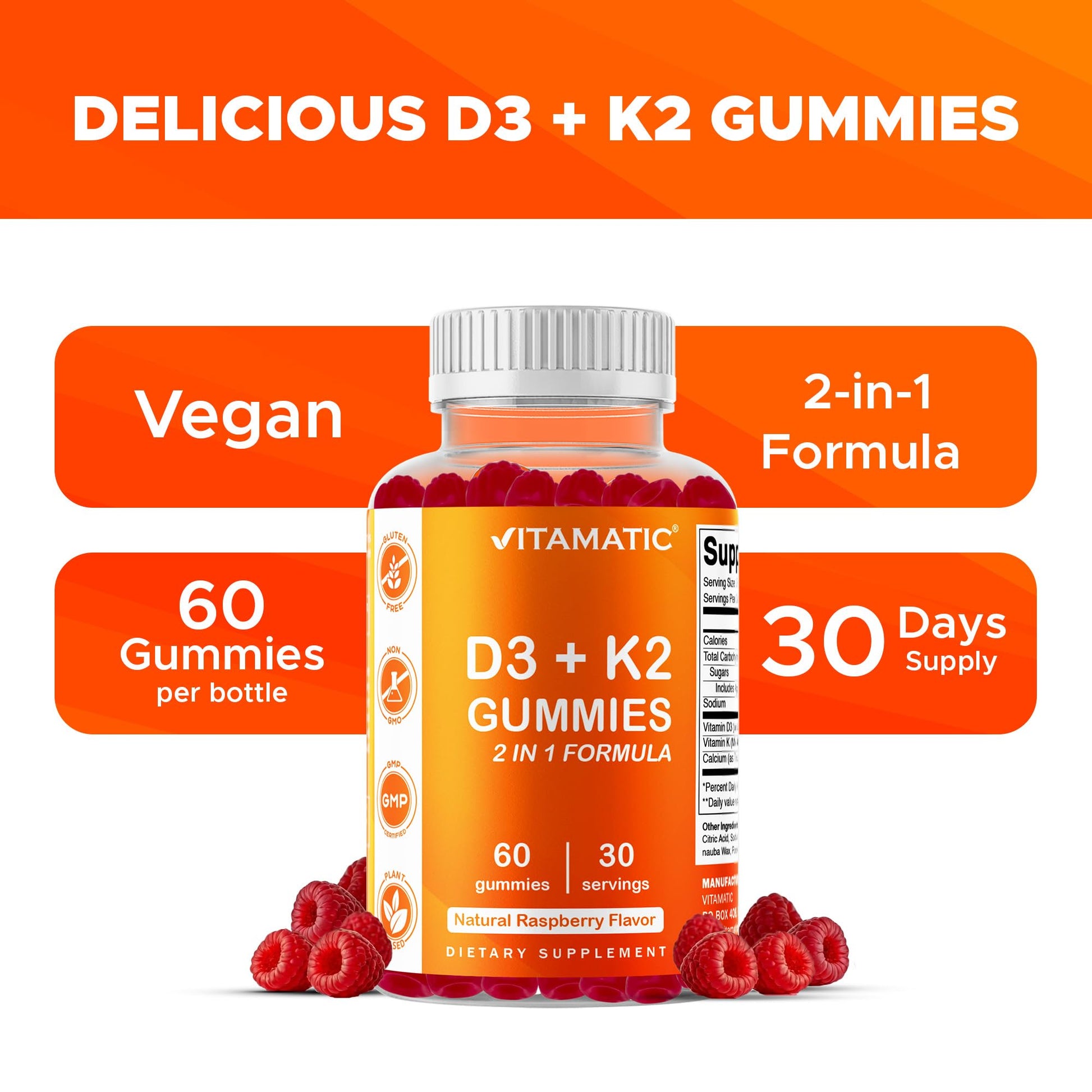 Vitamatic Vitamin D3 & K2 Gummies (2-Pack, 60 Count) Supports Healthy Bones, Heart Health, Calcium Absorption, - Maple Wellness Supplements