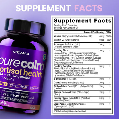 Vitamax Pure Calm Cortisol Supplements for Women - L Theanine, Ashwagandha, GABA for Relaxation, Mood & Stress Support with Ginkgo Biloba, Bacopa Monnieri, 5-HTP – Non-GMO, Made in USA – 60ct - Maple Wellness Supplements