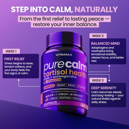 Vitamax Pure Calm Cortisol Supplements for Women - L Theanine, Ashwagandha, GABA for Relaxation, Mood & Stress Support with Ginkgo Biloba, Bacopa Monnieri, 5-HTP – Non-GMO, Made in USA – 60ct - Maple Wellness Supplements