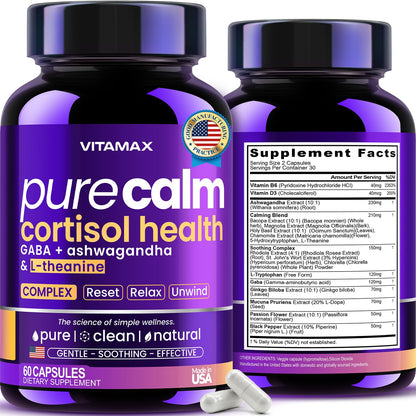 Vitamax Pure Calm Cortisol Supplements for Women - L Theanine, Ashwagandha, GABA for Relaxation, Mood & Stress Support with Ginkgo Biloba, Bacopa Monnieri, 5-HTP – Non-GMO, Made in USA – 60ct - Maple Wellness Supplements