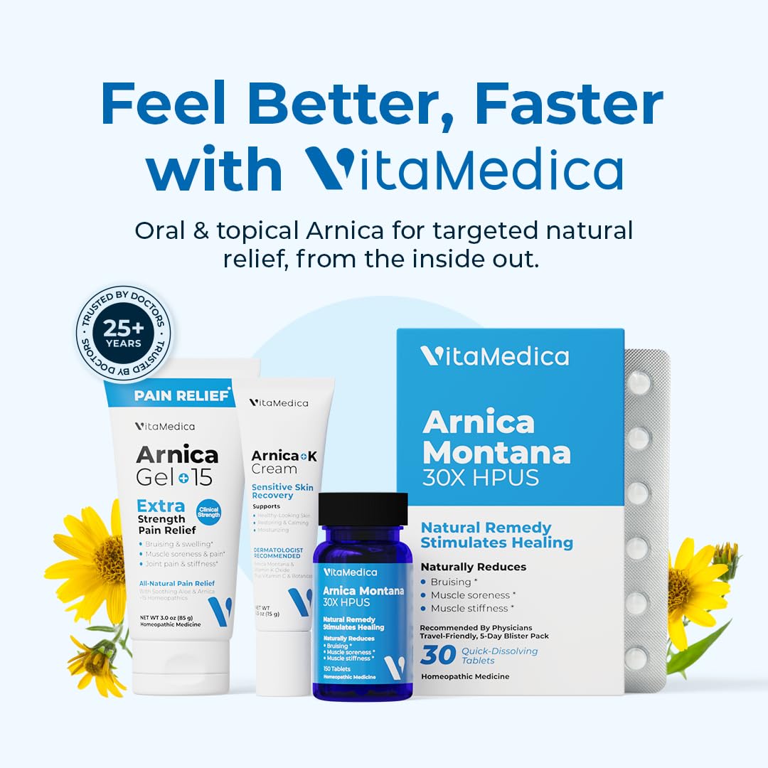 VitaMedica Arnica Montana 30X Homeopathic Tablets for Bruising Pain and Swelling | Plant Based Formula | Recommended by Plastic Surgeons | Natural Recovery Surgery Or Injury | 3 Pack | 150 Servings - Maple Wellness Supplements