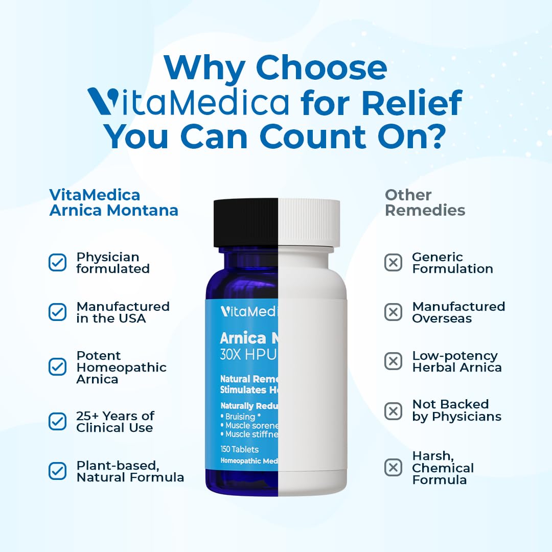 VitaMedica Arnica Montana 30X Homeopathic Tablets for Bruising Pain and Swelling | Plant Based Formula | Recommended by Plastic Surgeons | Natural Recovery Surgery Or Injury | 3 Pack | 150 Servings - Maple Wellness Supplements