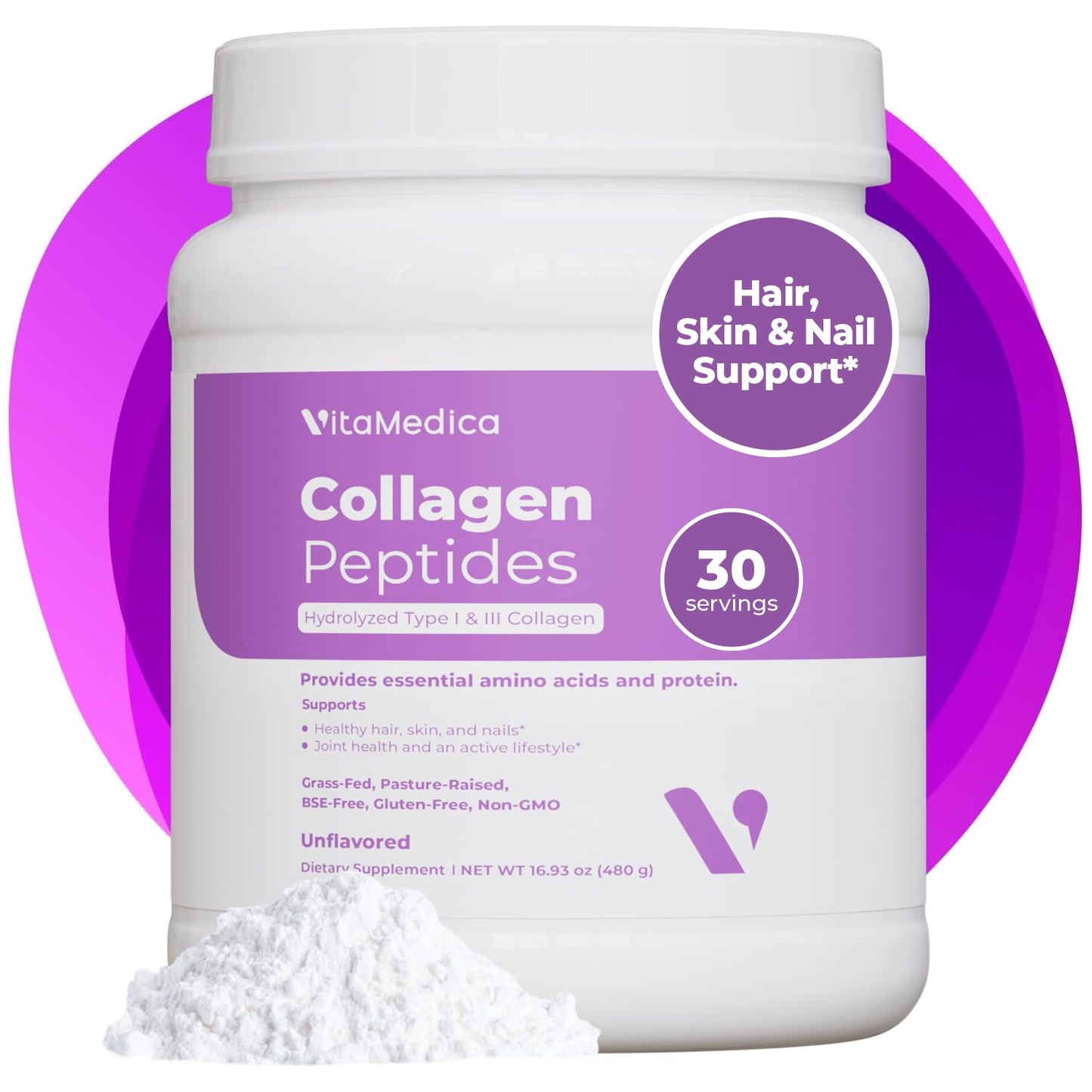 VitaMedica Collagen Peptides Powder for Women & Men - Healthy Hair, Skin, Nails, Bones and Joints - Hydrolyzed Types I & III, Grass-Fed, Pasture-Raised Protein, Zero Sugar - 30 Servings - Maple Wellness Supplements