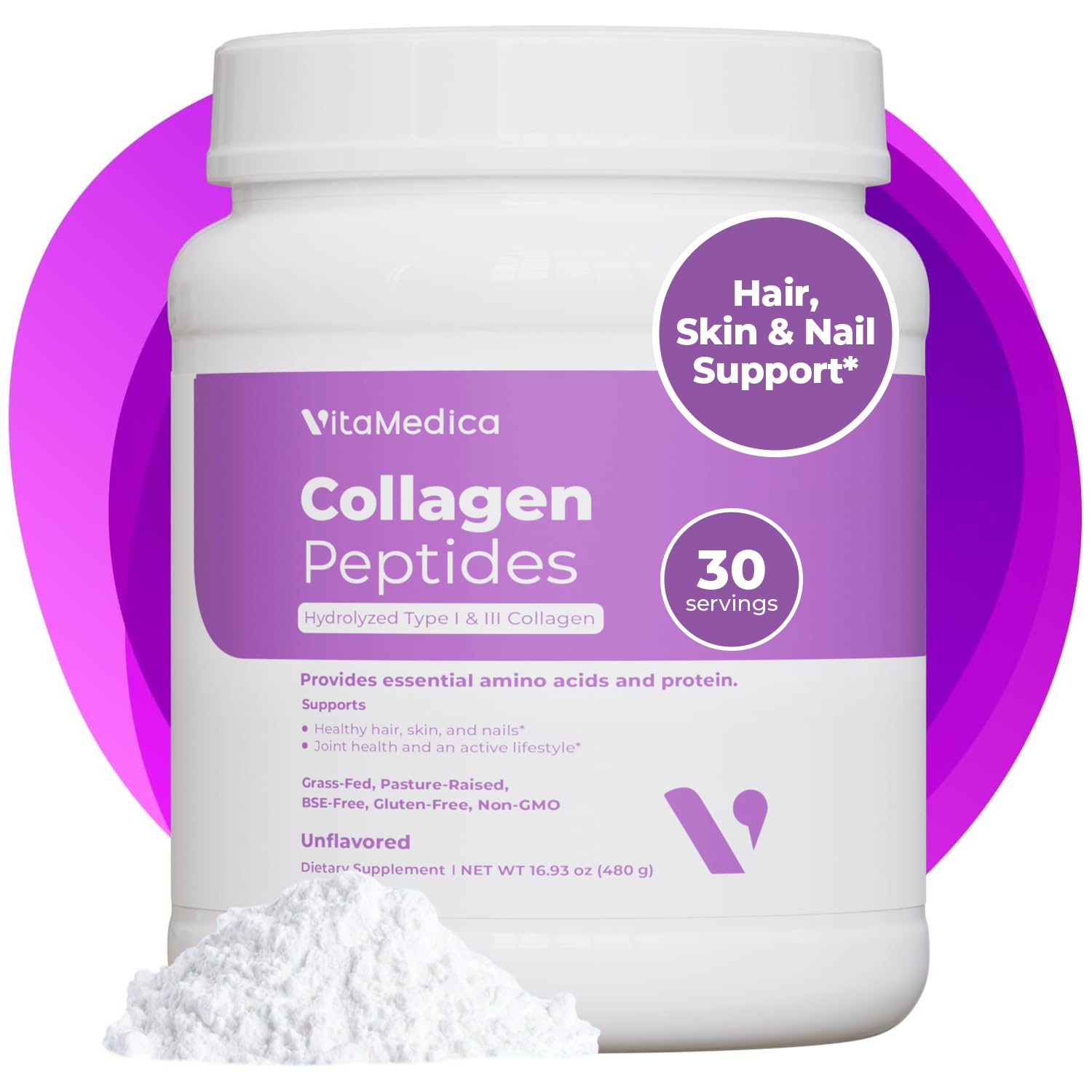 VitaMedica Collagen Peptides Powder for Women & Men - Healthy Hair, Skin, Nails, Bones and Joints - Hydrolyzed Types I & III, Grass-Fed, Pasture-Raised Protein, Zero Sugar - 30 Servings - Maple Wellness Supplements