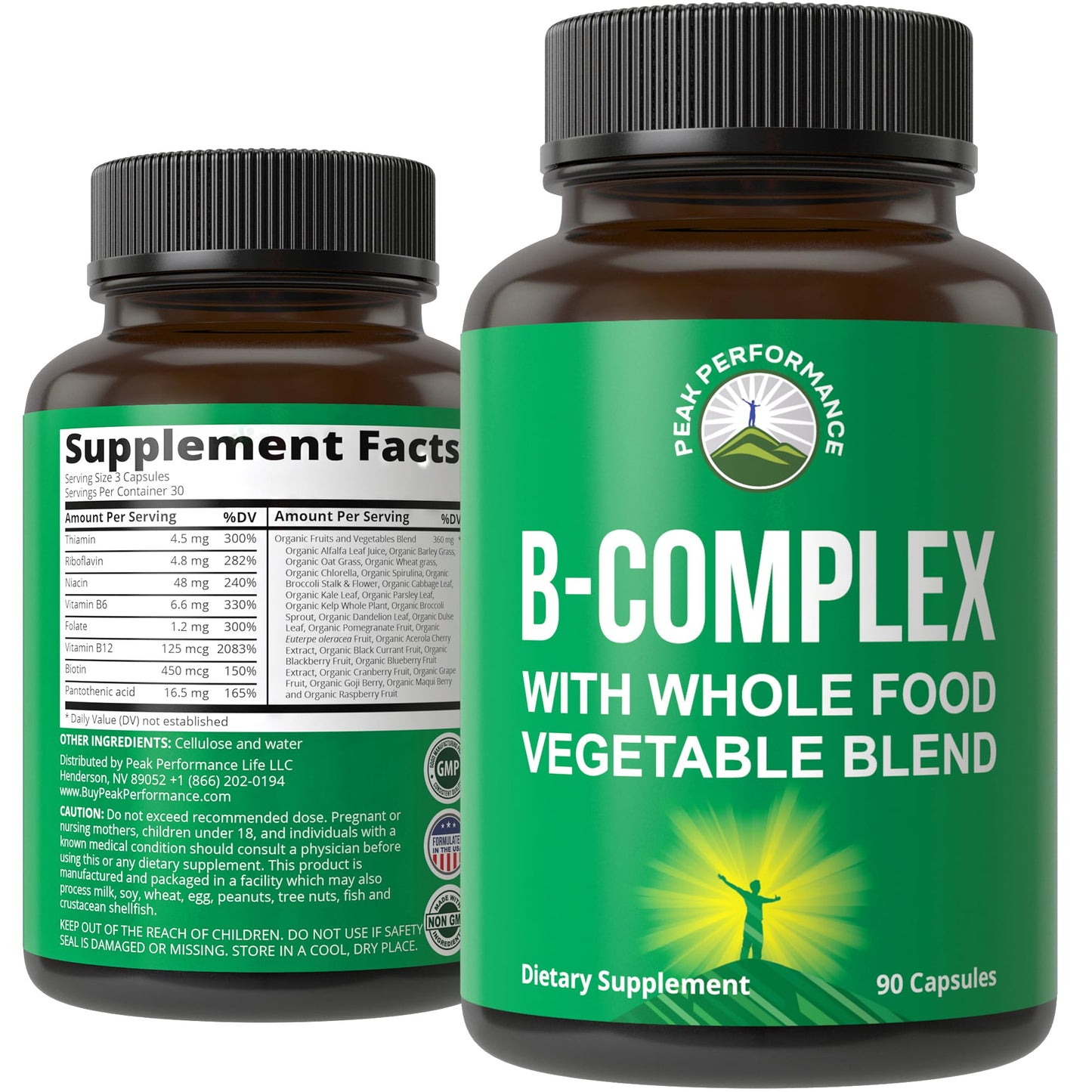 Vitamin B Complex Capsules + Whole Food Blend of 25 Vegetables and Fruits for Max Absorption. Best Vegan B-Complex Supplement with Vitamin B1, B2, B3, B5, B6, B7, B9 and B12. 90 Capsules. Energy Boost - Maple Wellness Supplements
