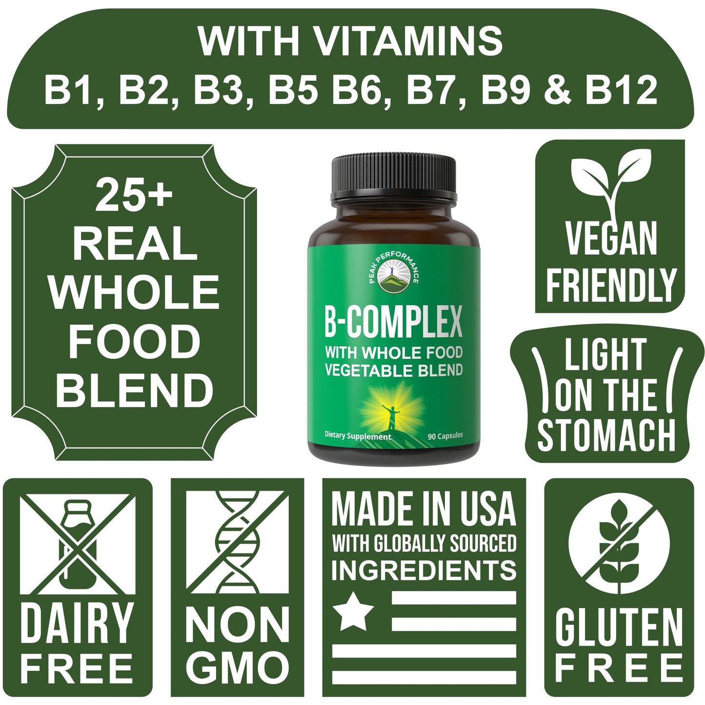 Vitamin B Complex Capsules + Whole Food Blend of 25 Vegetables and Fruits for Max Absorption. Best Vegan B-Complex Supplement with Vitamin B1, B2, B3, B5, B6, B7, B9 and B12. 90 Capsules. Energy Boost - Maple Wellness Supplements