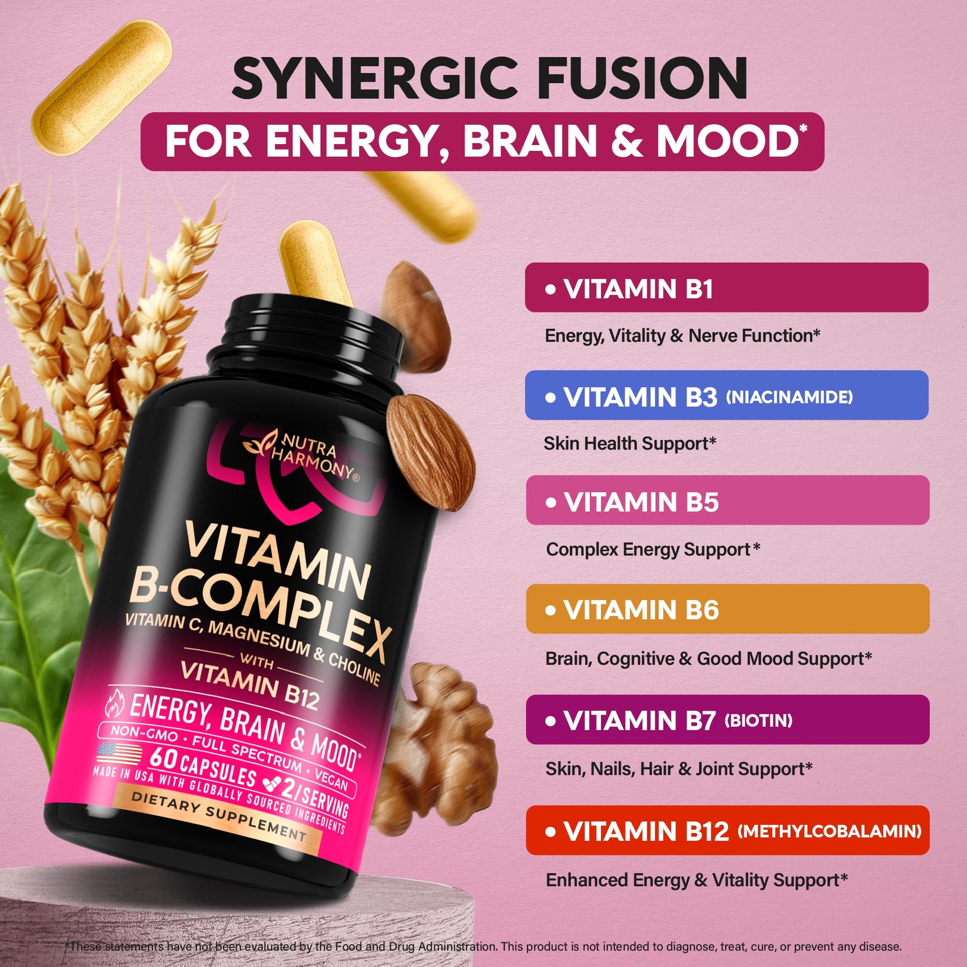 Vitamin B Complex for Men & Women - Riboflavin B2, B12, B1, B3, B5, B6, B7, B8, B9 | Vitamin C, Choline, Inositol - B-Complex Supplement - Maple Wellness Supplements