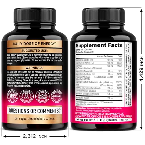Vitamin B Complex for Men & Women - Riboflavin B2, B12, B1, B3, B5, B6, B7, B8, B9 | Vitamin C, Choline, Inositol - B-Complex Supplement - Maple Wellness Supplements
