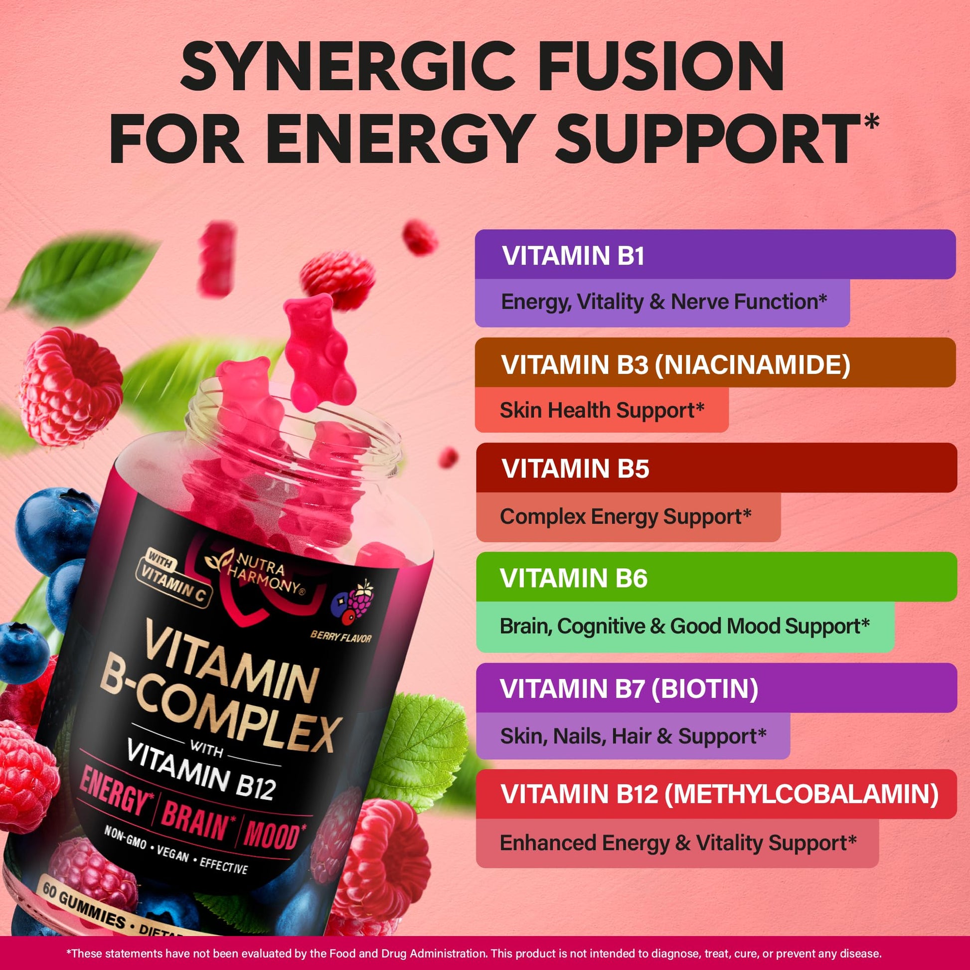 Vitamin B-Complex Gummies for Women & Men - Vitamin B12, B1, B2, B3, B5, B6, B7 & B9 - B Complex with Vitamin C & Choline - Energy, Brain & Mood - Maple Wellness Supplements