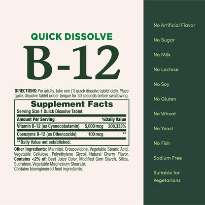 Vitamin B12 by Nature's Bounty, Quick Dissolve Vitamin Supplement, Supports Energy Metabolism and Nervous System Health, 5000mcg - Maple Wellness Supplements