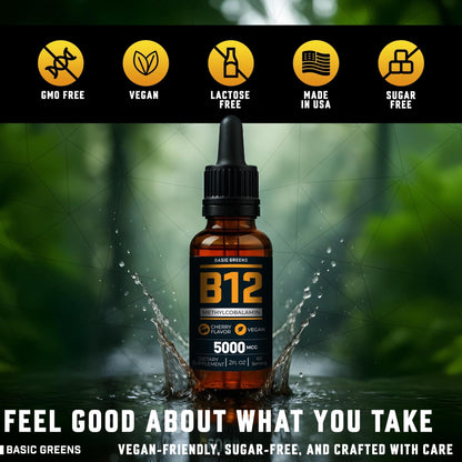 Vitamin B12 Sublingual Liquid Drops 5000 mcg – Vegan Methyl B-12 Supplement for Energy & Focus – B 12 Vitamin for Women & Men - Maple Wellness Supplements