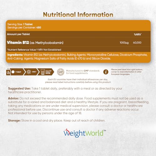 Vitamin B12 Tablets High Strength – 1000mcg Vegan B12 Supplement – 450 Pure Methylcob - Maple Wellness Supplements