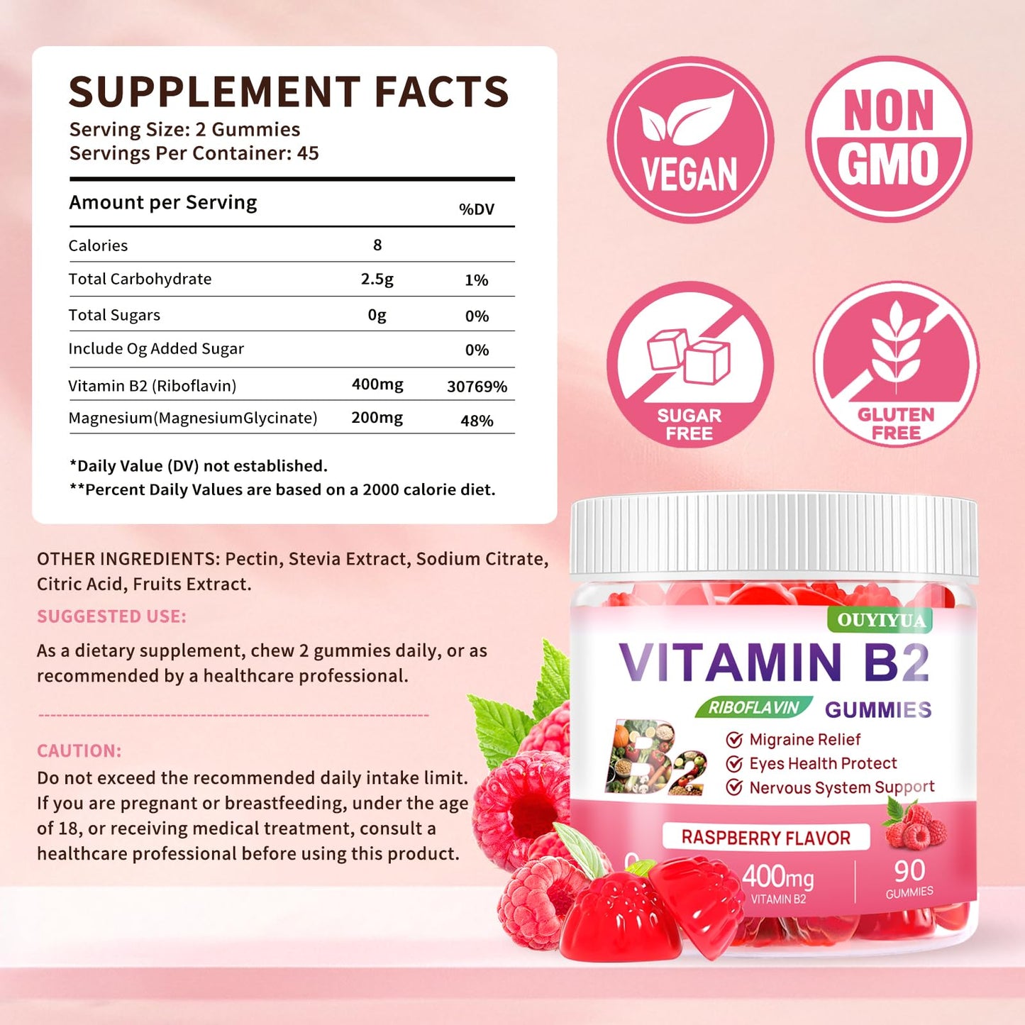 Vitamin B2 Gummies Riboflavin 400mg Supplement with Magnesium for Kids & Adults B2 Gummies for Migraine Relief, Headache Relief & Nervous System Support - Maple Wellness Supplements