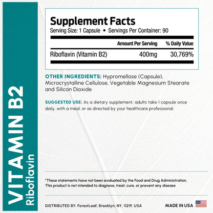 Vitamin B2 Riboflavin 400mg - Energy, Skin & Cellular Health Supplement - Nervous System Support - Vitamin B 2 Vit B - Non-GMO & Gluten Free - B2 Vitamin 400mg - Maple Wellness Supplements
