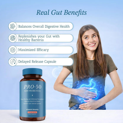 Vitamin Bounty Pro-50 Probiotics 50 Billion CFU for Women & Men - 13 Multi Strain Probiotic + Prebiotic - Digestive Health Supplements for Gut Health Support - Delayed Release Capsules for Men & Women - Maple Wellness Supplements