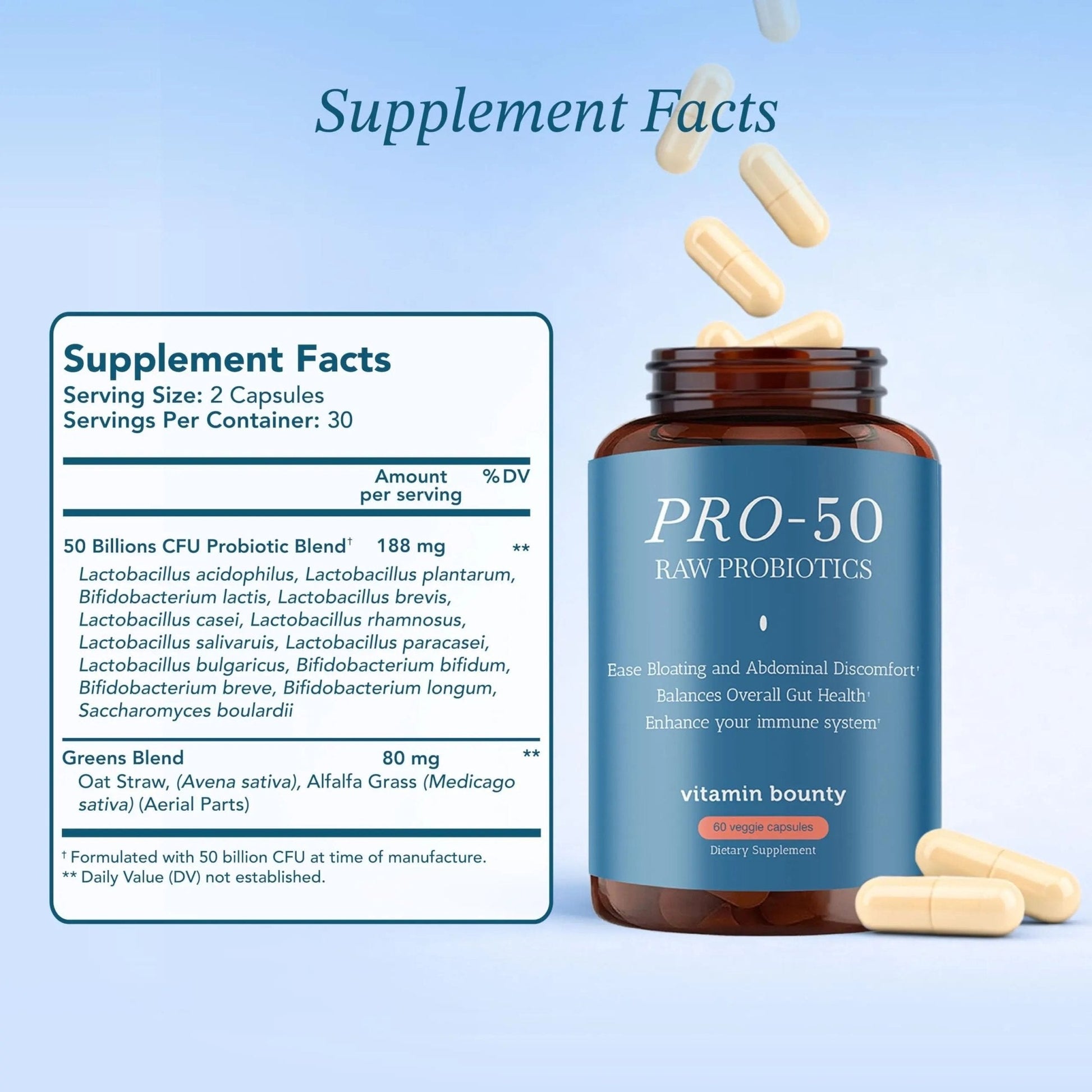 Vitamin Bounty Pro-50 Probiotics 50 Billion CFU for Women & Men - 13 Multi Strain Probiotic + Prebiotic - Digestive Health Supplements for Gut Health Support - Delayed Release Capsules for Men & Women - Maple Wellness Supplements