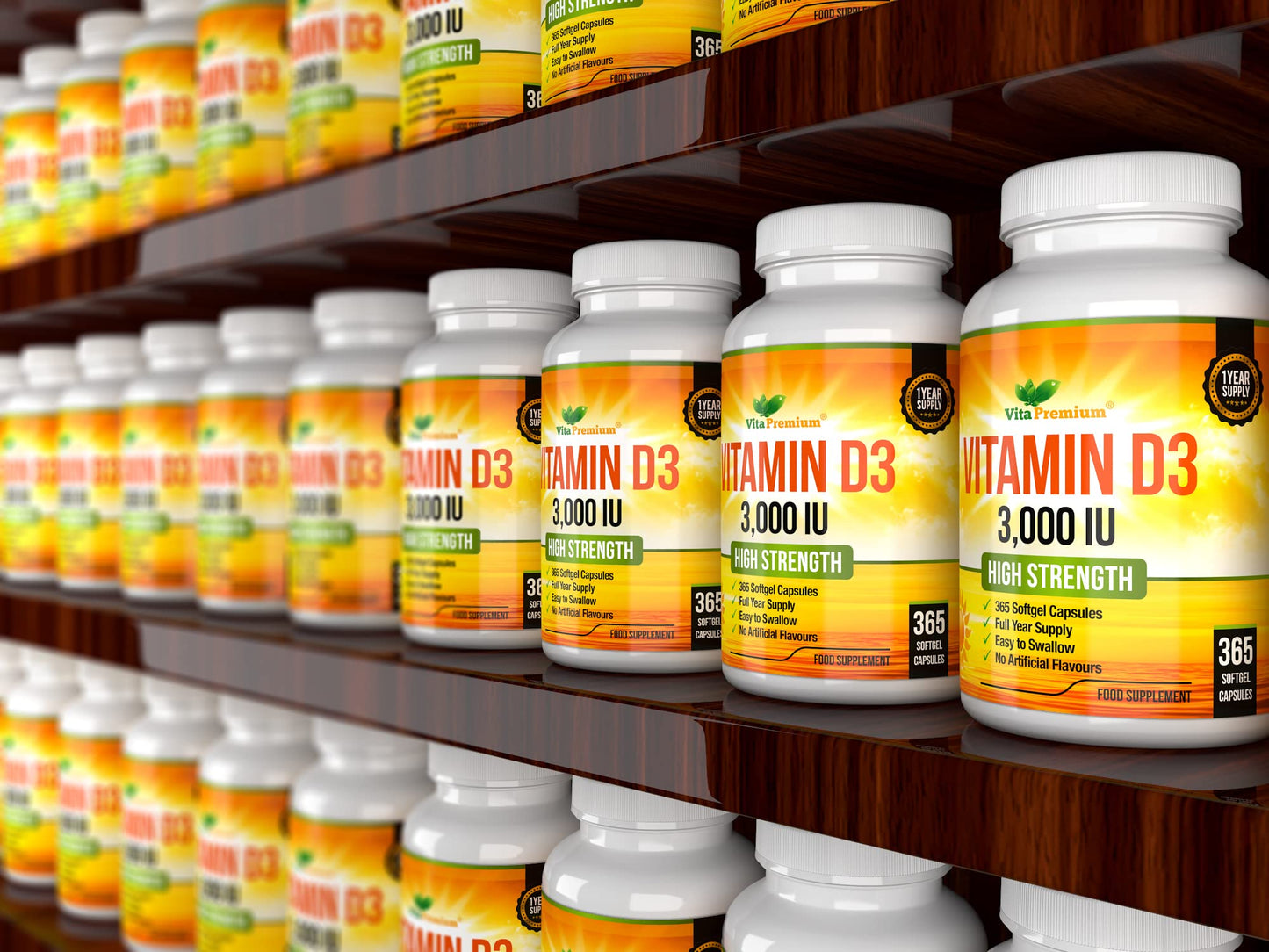 Vitamin D 3,000 IU, High Strength Vitamin D3 Supplement, 365 Easy to Swallow Softgels - Maple Wellness Supplements