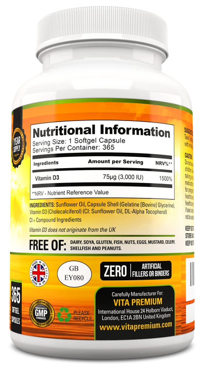 Vitamin D 3,000 IU, High Strength Vitamin D3 Supplement, 365 Easy to Swallow Softgels - Maple Wellness Supplements