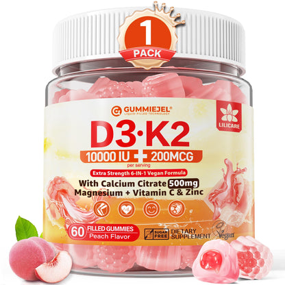 Vitamin D3 K2 Gummies 5000IU / 10,000 IU with 500mg Calcium + K2(MK-7) 200mcg, Magnesium, Vitamin C & Zinc, Extra Strength - Ultimate Absorbency for Bones - Maple Wellness Supplements