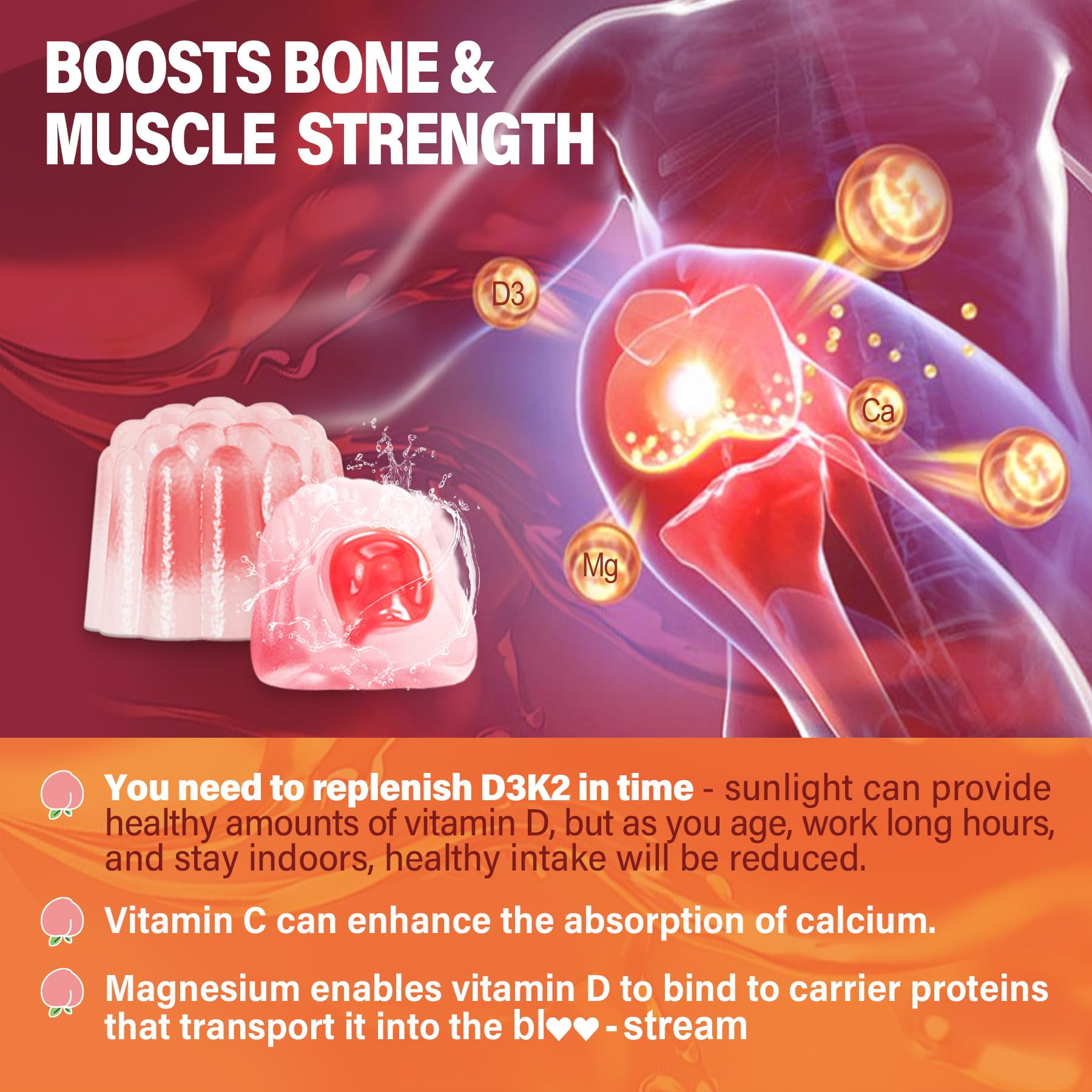 Vitamin D3 K2 Gummies 5000IU / 10,000 IU with 500mg Calcium + K2(MK-7) 200mcg, Magnesium, Vitamin C & Zinc, Extra Strength - Ultimate Absorbency for Bones - Maple Wellness Supplements