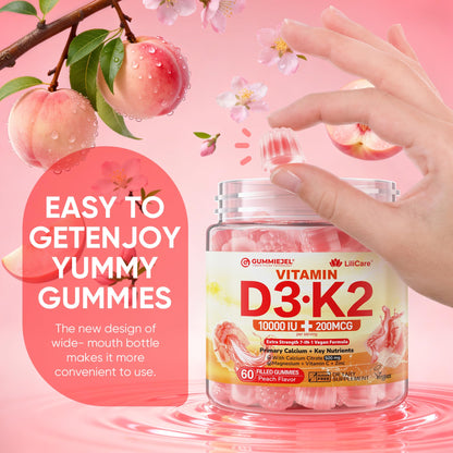 Vitamin D3 K2 Gummies 5000IU / 10,000 IU with 500mg Calcium + K2(MK-7) 200mcg, Magnesium, Vitamin C & Zinc, Extra Strength - Ultimate Absorbency for Bones - Maple Wellness Supplements