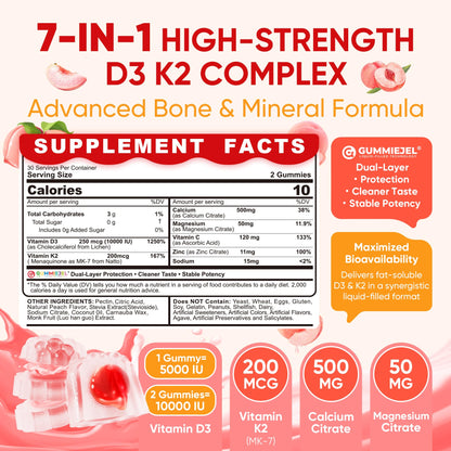 Vitamin D3 K2 Gummies 5000IU / 10,000 IU with 500mg Calcium + K2(MK-7) 200mcg, Magnesium, Vitamin C & Zinc, Extra Strength - Ultimate Absorbency for Bones - Maple Wellness Supplements