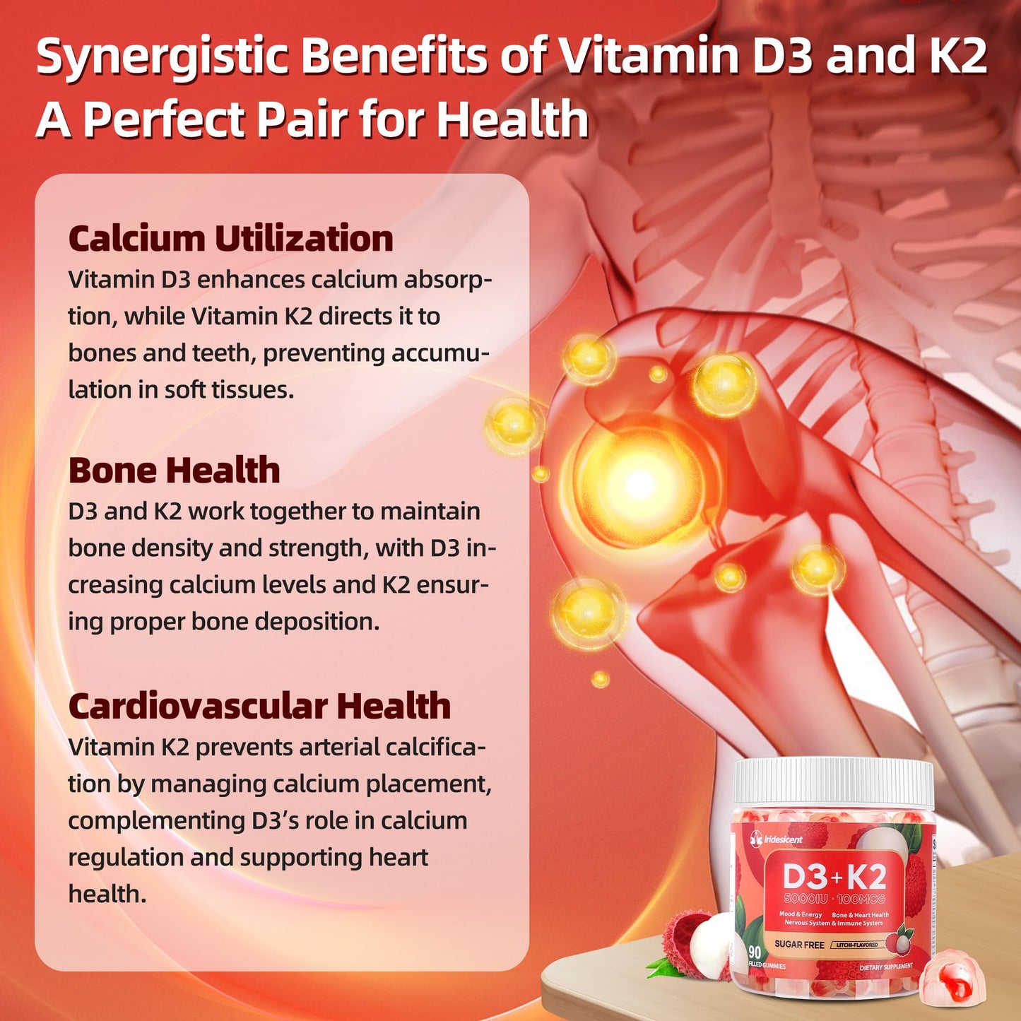 Vitamin D3 K2 Gummies w/Magnesium Sugar Free - 90 Count | D3 Vitamin 5,000 IU + K2(MK-7) 100 mcg - Vegan K2 D3 Vitamin Supplement, Highly Absorbent Supports Bone - Maple Wellness Supplements