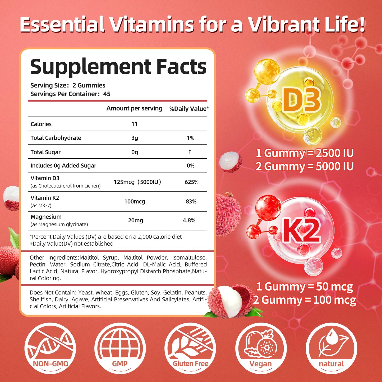 Vitamin D3 K2 Gummies w/Magnesium Sugar Free - 90 Count | D3 Vitamin 5,000 IU + K2(MK-7) 100 mcg - Vegan K2 D3 Vitamin Supplement, Highly Absorbent Supports Bone - Maple Wellness Supplements