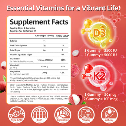 Vitamin D3 K2 Gummies w/Magnesium Sugar Free - 90 Count | D3 Vitamin 5,000 IU + K2(MK-7) 100 mcg - Vegan K2 D3 Vitamin Supplement, Highly Absorbent Supports Bone - Maple Wellness Supplements