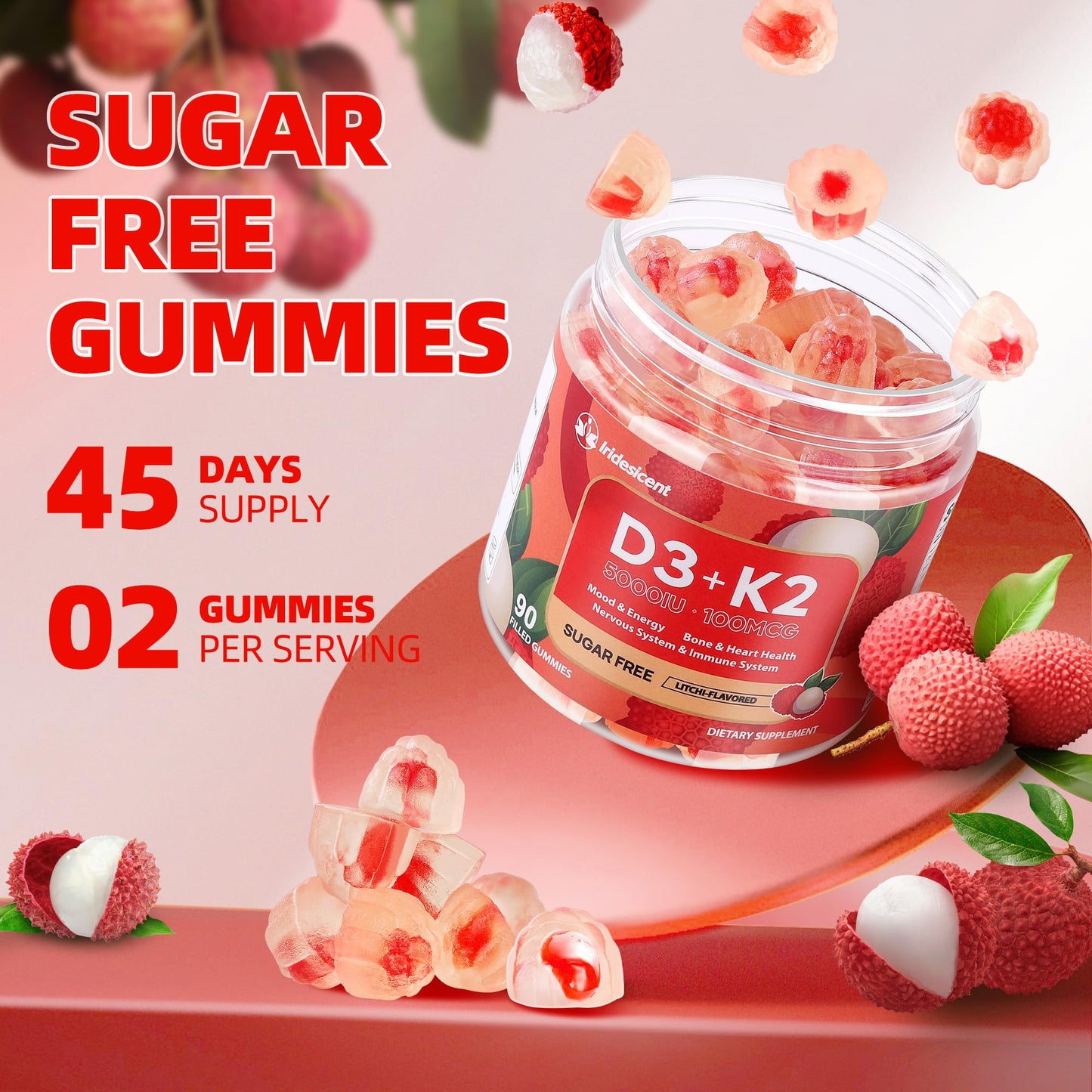 Vitamin D3 K2 Gummies w/Magnesium Sugar Free - 90 Count | D3 Vitamin 5,000 IU + K2(MK-7) 100 mcg - Vegan K2 D3 Vitamin Supplement, Highly Absorbent Supports Bone - Maple Wellness Supplements