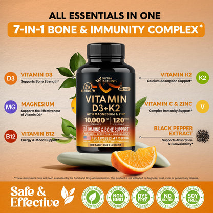 Vitamin D3 K2 - Vitamin D3 10000 iu & K2 as MK-7 120 mcg - Immune & Mood Support, for Bone & Teeth Health - with Magnesium, Zinc & Vitamin C & B12 - Highly Bioavailable - Maple Wellness Supplements