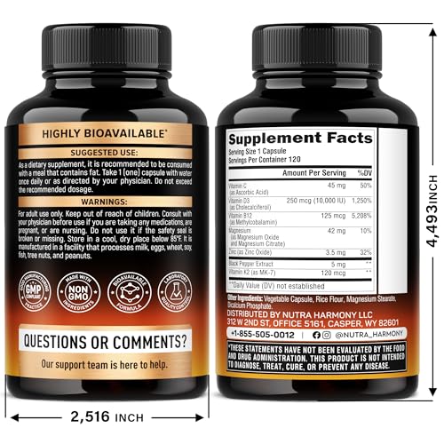 Vitamin D3 K2 - Vitamin D3 10000 iu & K2 as MK-7 120 mcg - Immune & Mood Support, for Bone & Teeth Health - with Magnesium, Zinc & Vitamin C & B12 - Highly Bioavailable - Maple Wellness Supplements