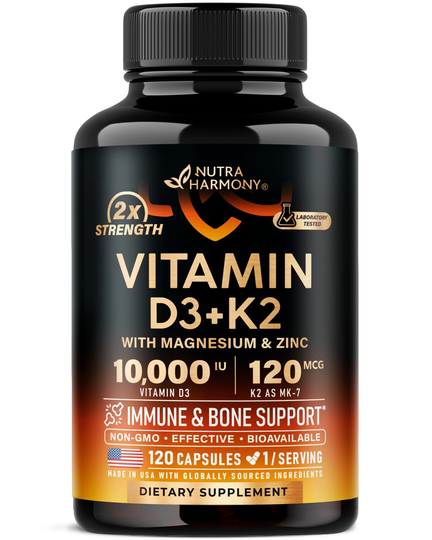 Vitamin D3 K2 - Vitamin D3 10000 iu & K2 as MK-7 120 mcg - Immune & Mood Support, for Bone & Teeth Health - with Magnesium, Zinc & Vitamin C & B12 - Highly Bioavailable - Maple Wellness Supplements