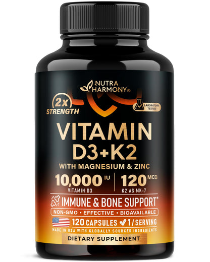 Vitamin D3 K2 - Vitamin D3 10000 iu & K2 as MK-7 120 mcg - Immune & Mood Support, for Bone & Teeth Health - with Magnesium, Zinc & Vitamin C & B12 - Highly Bioavailable - Maple Wellness Supplements