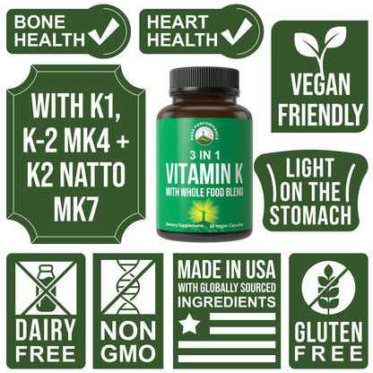 Vitamin K with Whole Food Blend of 25+ Vegetables and Fruits for Max Absorption. Vegan Capsules Supplement. Vitamins K1, K-2 MK4 + K2 Natto MK7. Alternative to Drops, Gummies. VIT K with K 2 and MK-7 - Maple Wellness Supplements