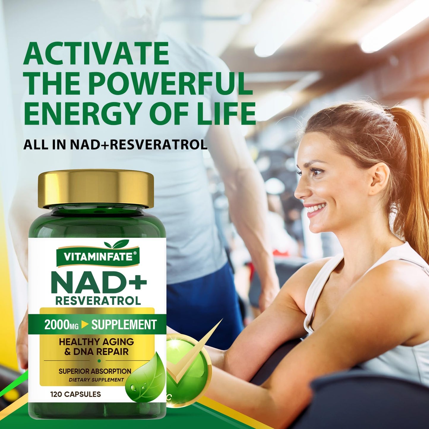 VITAMINFATE NAD+ Supplement 2000 mg - 120 Capsules True NAD+ & Resveratrol, NMN Alternative Supports Anti-Aging, Cellular Energy & Repair, Metabolism & Brain Boost for Men & Women - Maple Wellness Supplements