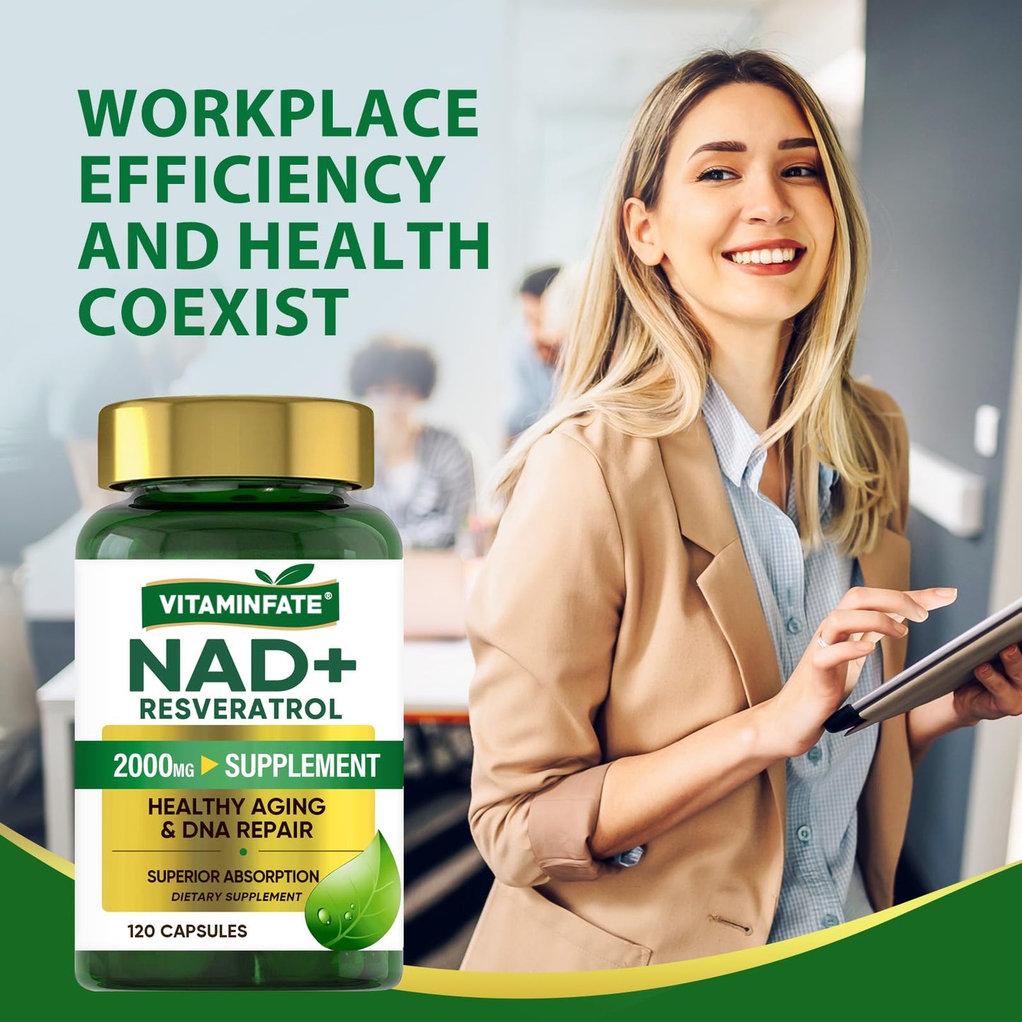 VITAMINFATE NAD+ Supplement 2000 mg - 120 Capsules True NAD+ & Resveratrol, NMN Alternative Supports Anti-Aging, Cellular Energy & Repair, Metabolism & Brain Boost for Men & Women - Maple Wellness Supplements