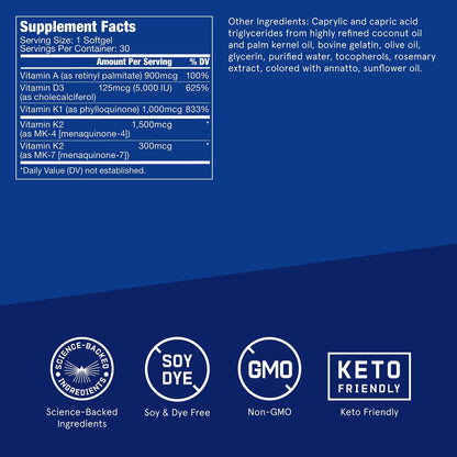 Vitamins A-D-K, 30 Softgels, 900mcg Vitamin A, with 5000 IU D3, K1, K2, K3, High Potency - Maple Wellness Supplements