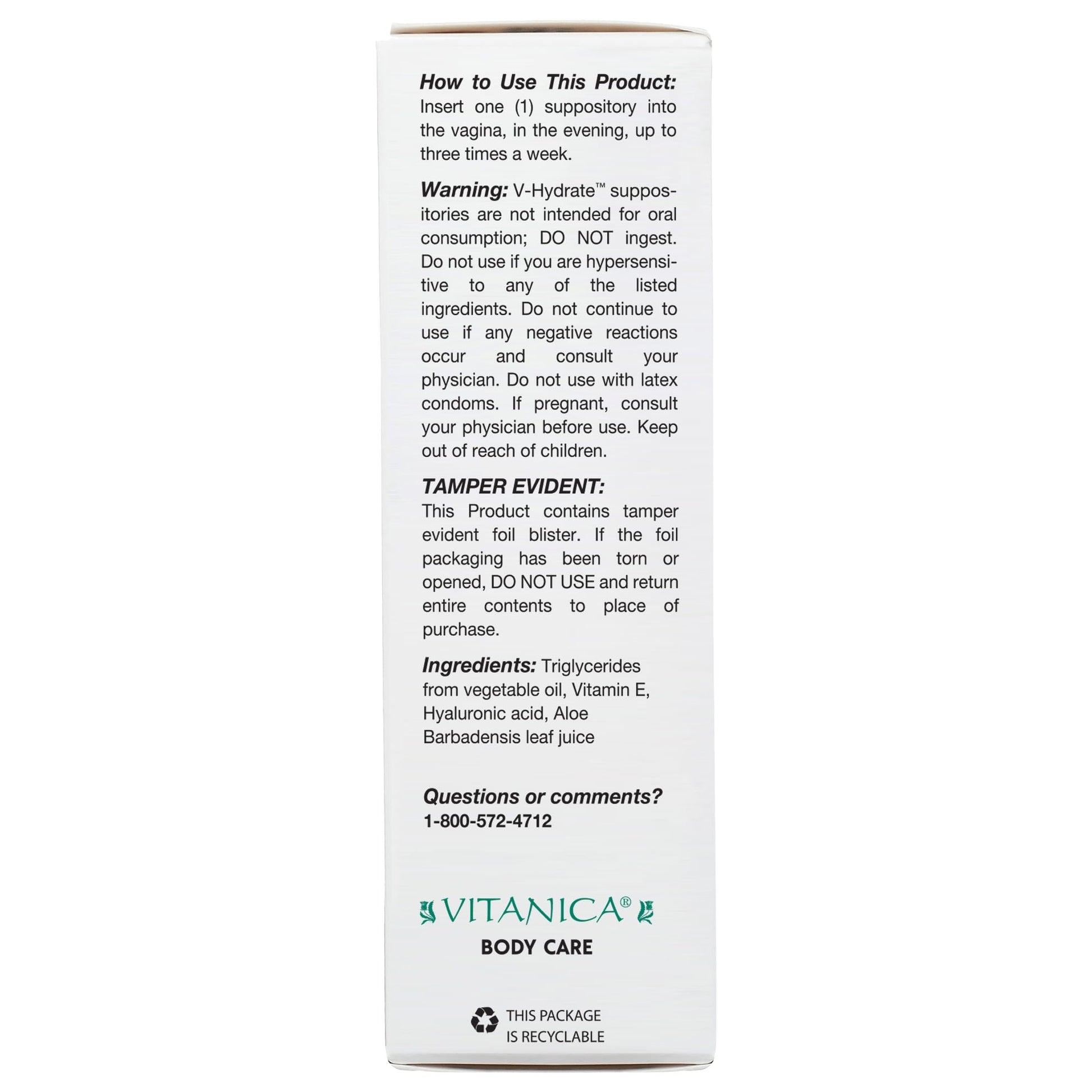 Vitanica V-Hydrate, Hyaluronic Acid Vaginal Suppositories for Comfort and Vaginal Hydration with Aloe Vera and Vitamin E, Hormone-Free & Drug-Free, Vegan, 2 Month Supply, 24 Count - Maple Wellness Supplements