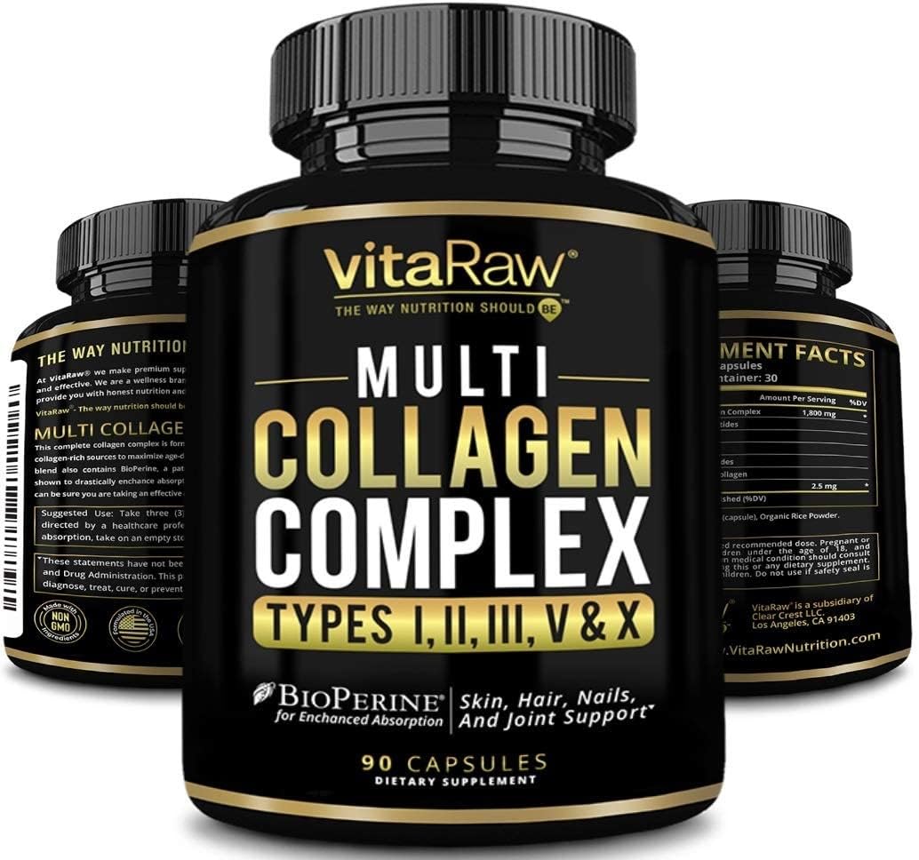 VitaRaw Collagen Pills 1800 mg - Multi Collagen Supplements (Types I, II, III, V & X) Grass Fed Non GMO Collagen Peptides Pills for Hair, Skin and Joints - Hydrolyzed Collagen Protein Powder - Maple Wellness Supplements